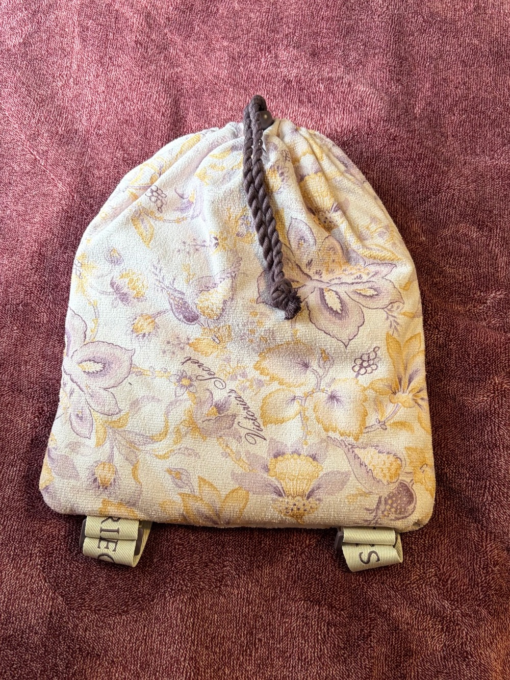 Victoria's Secret Yellow and Lavender Floral Drawstring Towel Bag with Towel